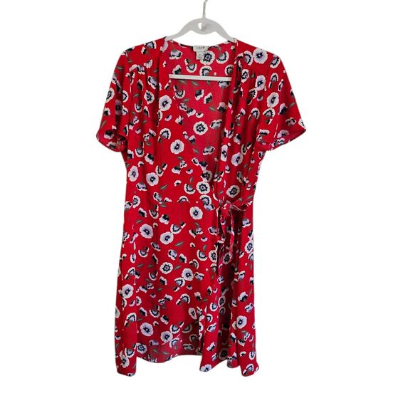J.‎ Crew Dress 8 Wrap Day Red Floral Poppy Print Short Sleeve Tie Belted Boho - Picture 2 of 10